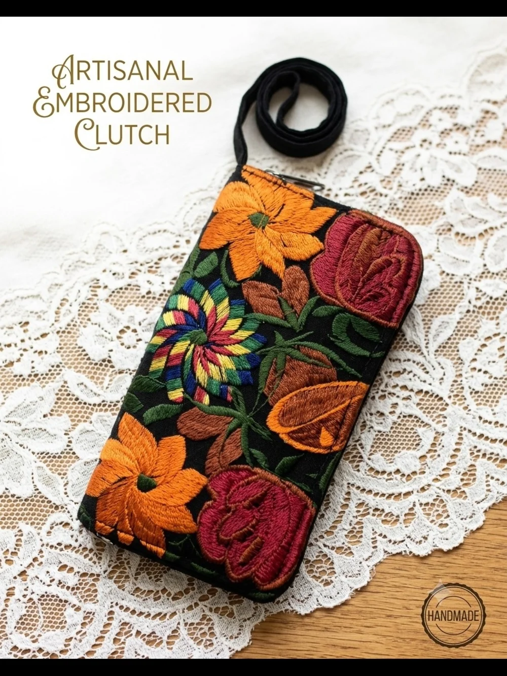 Artisanal Mexican Hand-Embroidered Floral Zipper Clutch Long Wallet